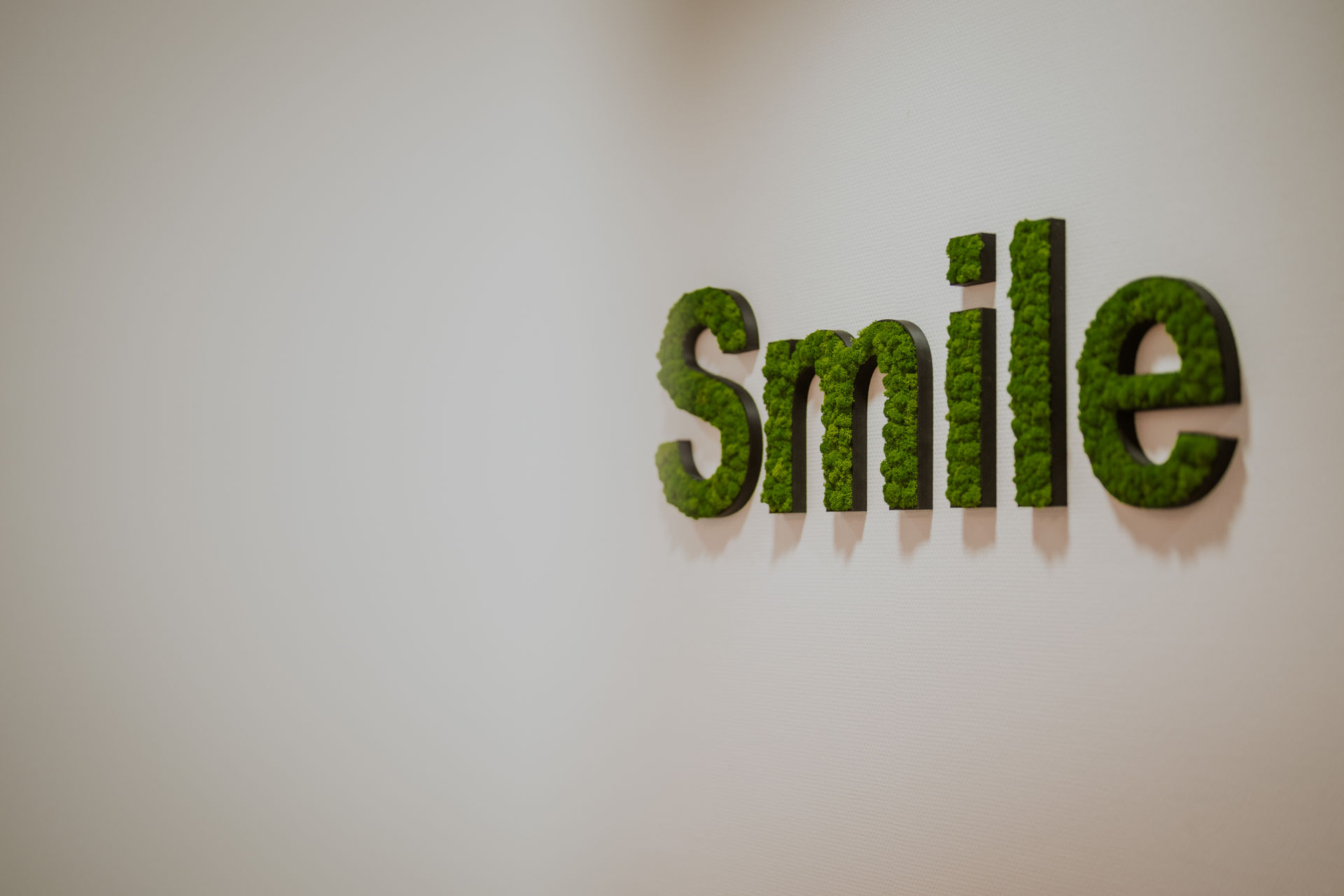 Wandobjekt mit dem Schriftzug smile in der Apeldorn Kieferorthop&auml;die